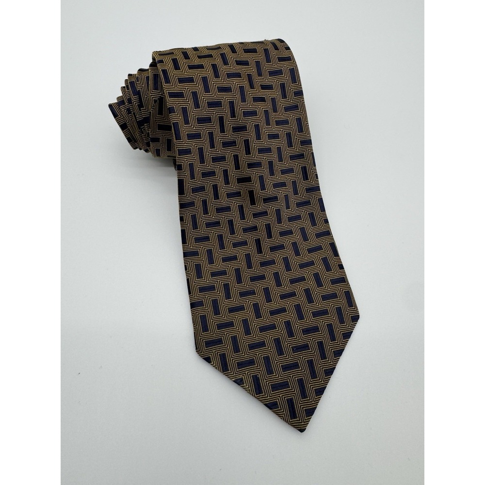 Richel 100% Silk Tie‎ Gold Navy Geometric Pattern Classic Mens Necktie